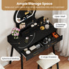 Small black vanity makeup dressing table with LED mirror, spacious desktop, and ample storage including 2 drawers.