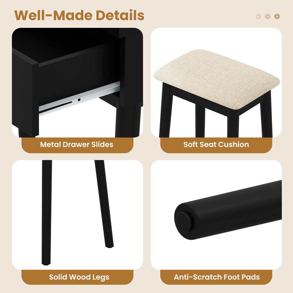 Cushioned stool with solid wood legs and anti-scratch foot pads for the black vanity makeup dressing table set.