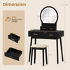 Small black vanity makeup dressing table set with LED lighted mirror, cushioned stool, and spacious storage drawers.