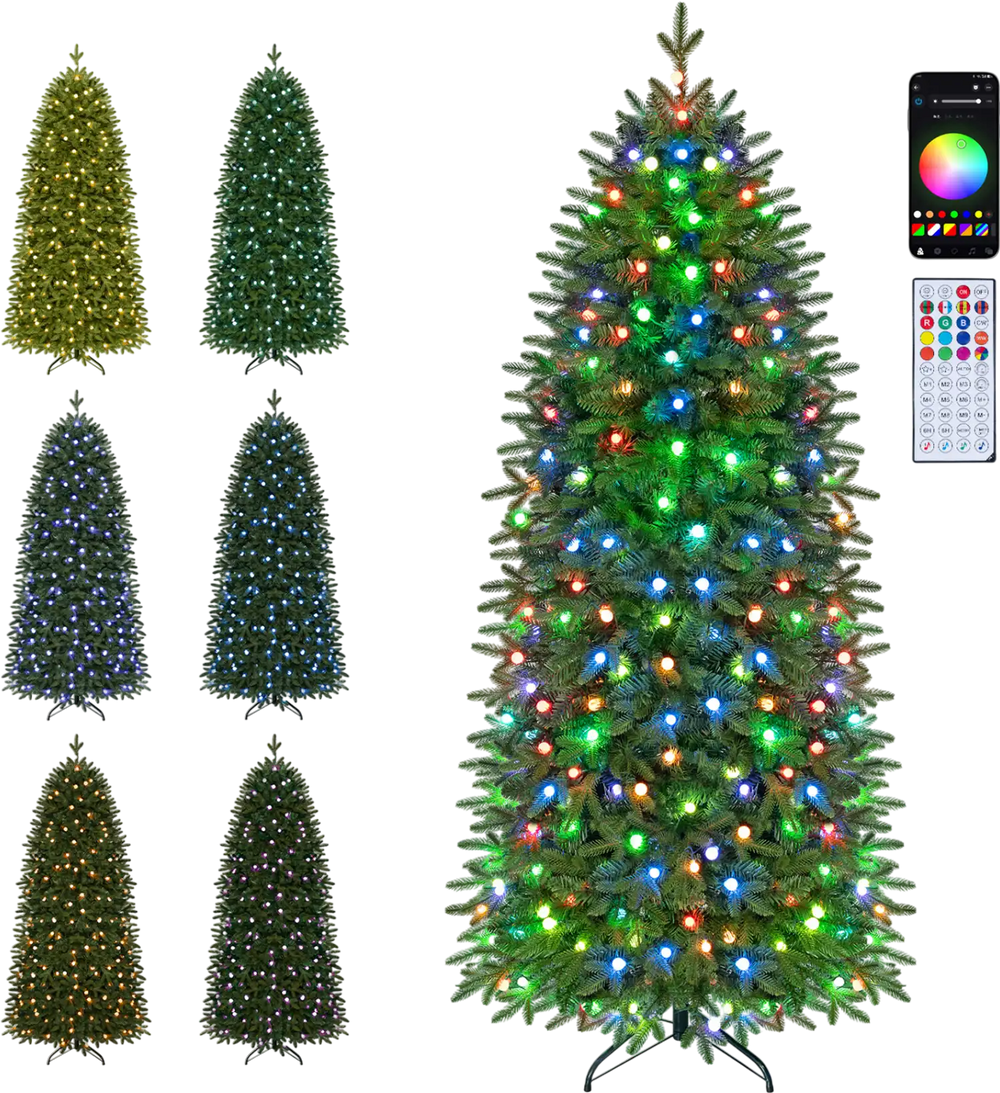 Smart pencil Christmas tree with 280 RGB LED lights, remote control, and 42 lighting effects for festive ambiance.