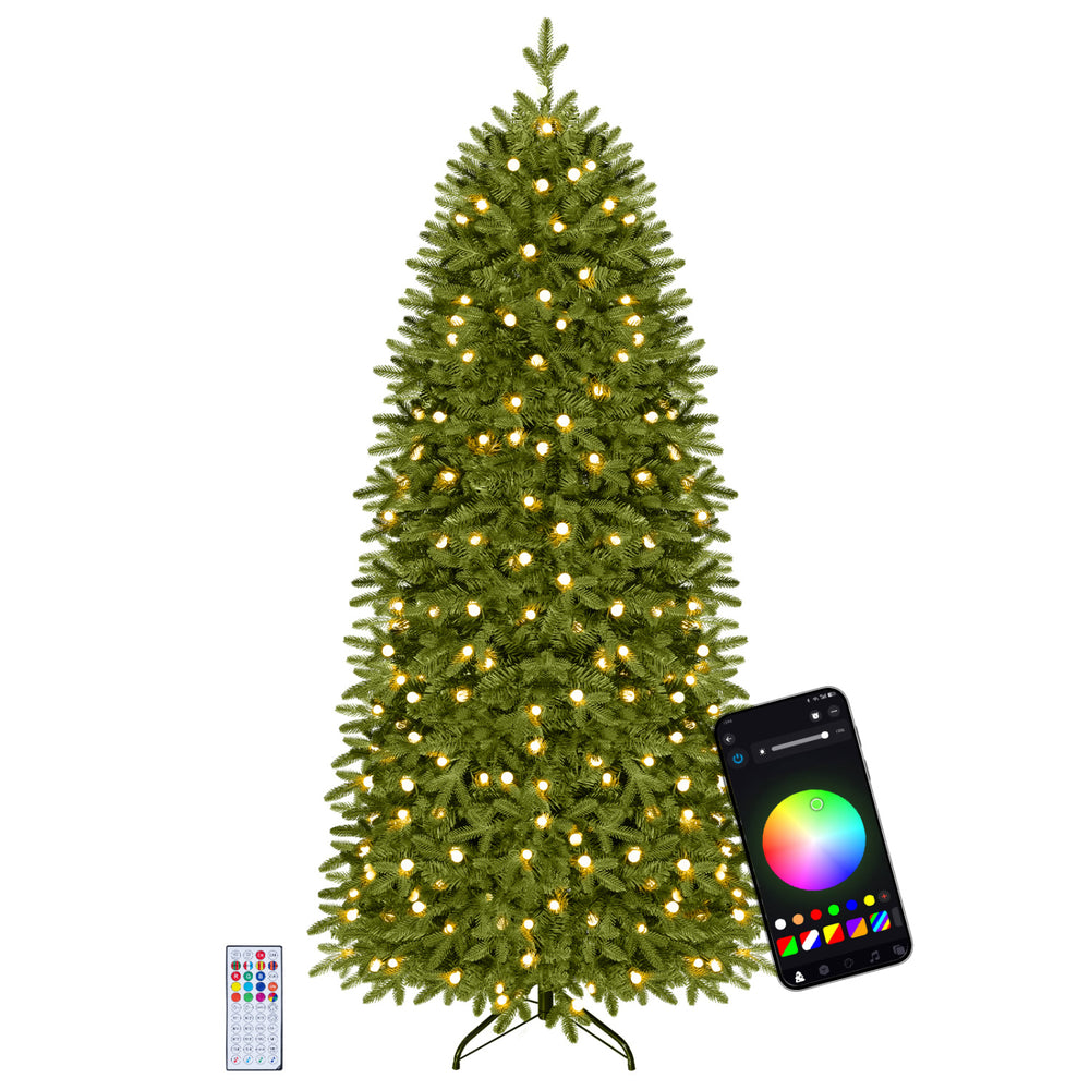 Smart pencil Christmas tree with remote control, featuring 280 RGB LED lights and music sync mode for dynamic holiday lighting.