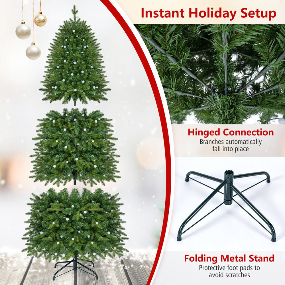 7.4 FT Smart Pencil Christmas Tree with 280 RGB LED lights, hinged branches, and folding metal stand for easy setup.