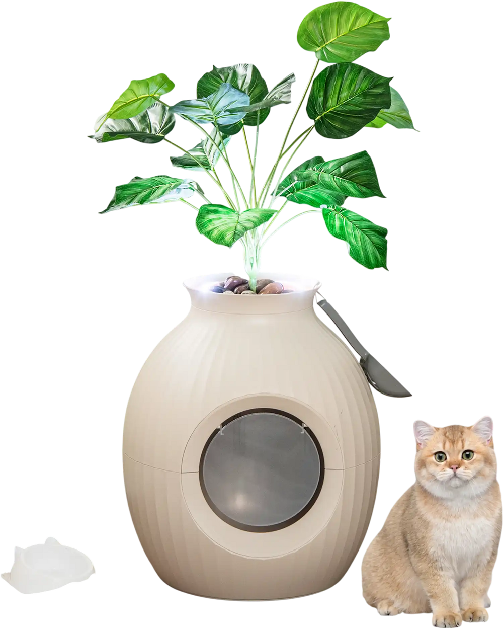 Smart Plant Cat Litter Box in beige with electronic odor removal, featuring an artificial plant for stylish home decor.