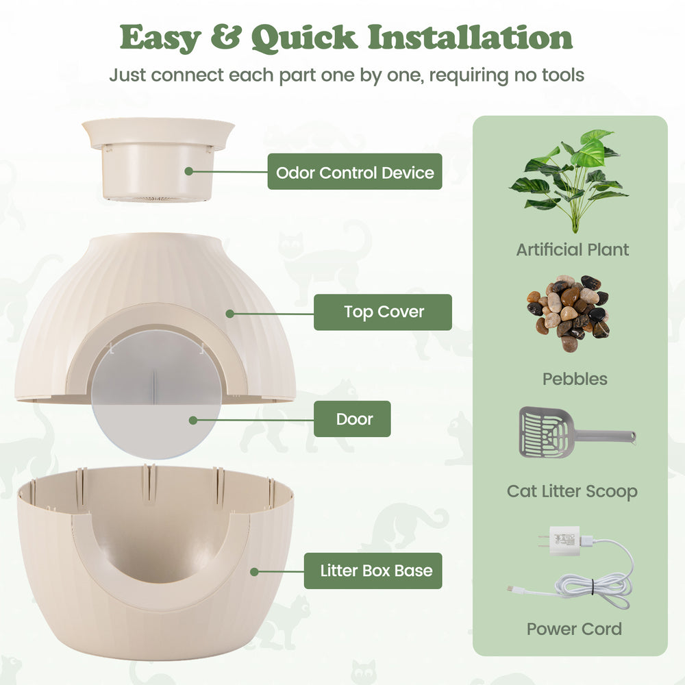 Smart Plant Cat Litter Box in beige with electronic odor removal, easy installation, and durable ABS material for odor.