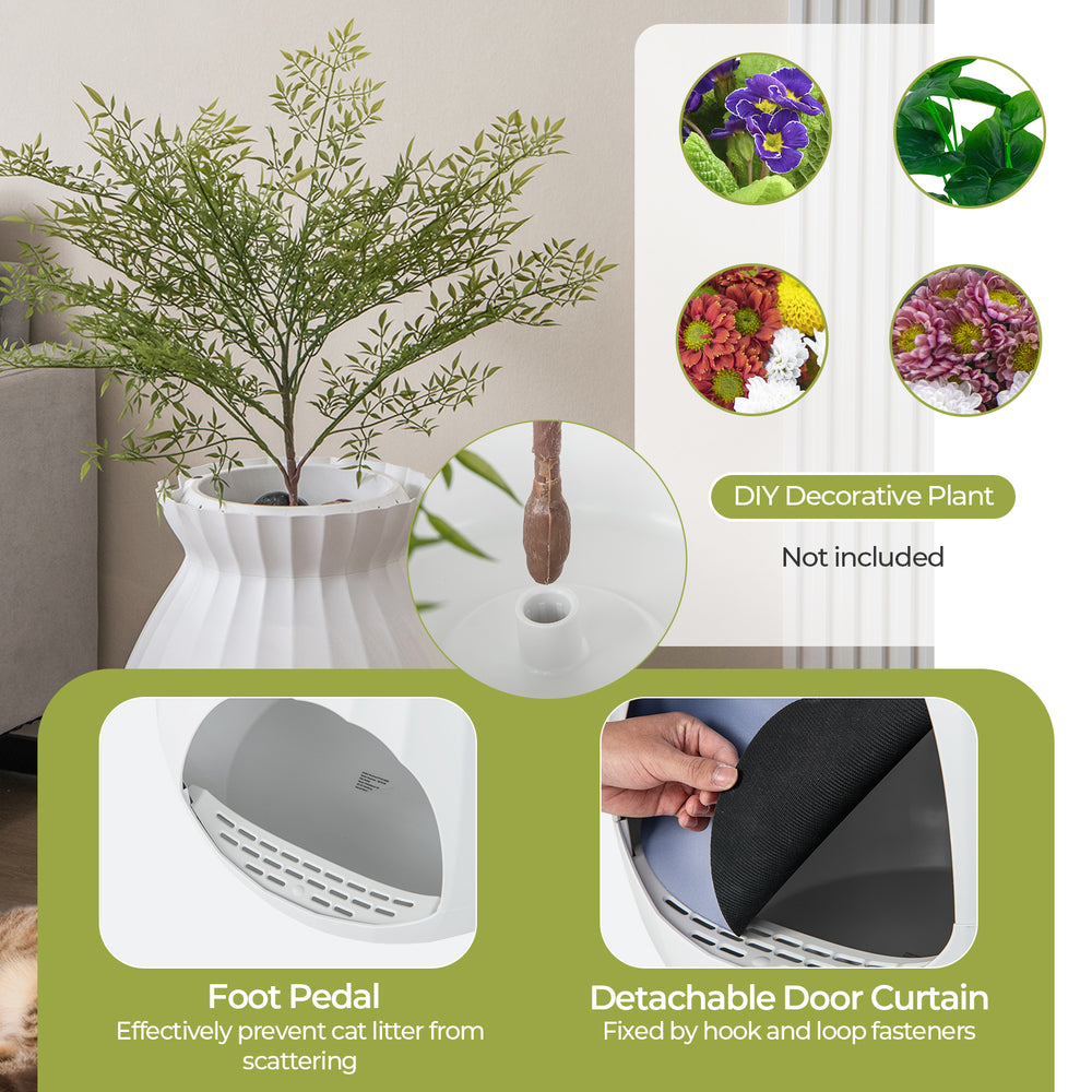 Smart Plant Cat Litter Box in white with foot pedal and detachable door curtain for odor control and easy cleaning.