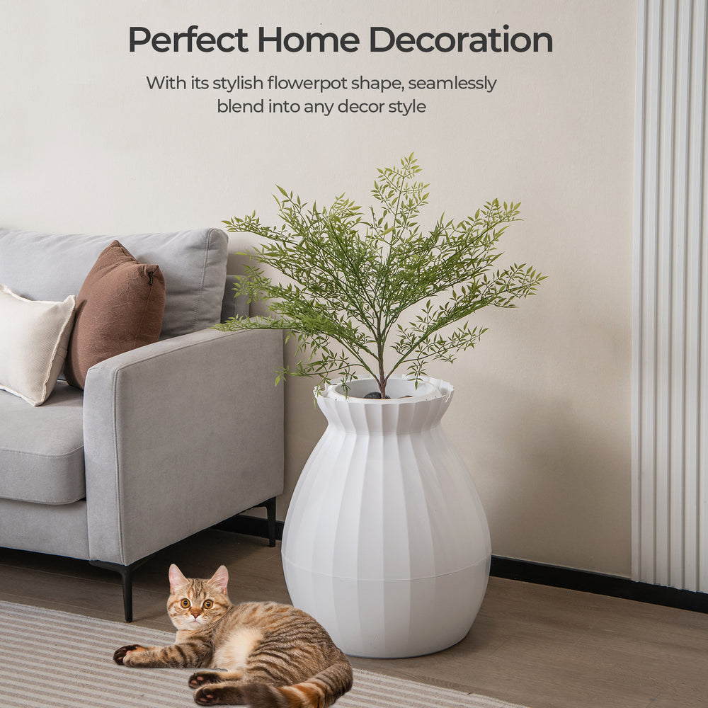 Smart plant cat litter box in white, featuring a stylish design and electronic odor removal for a clean home.