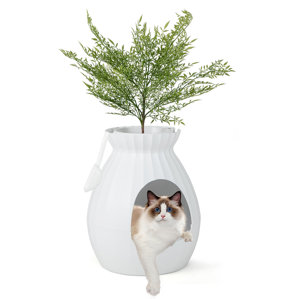 Smart Plant Cat Litter Box in white with electronic odor removal, featuring a private space for cats and a decorative.