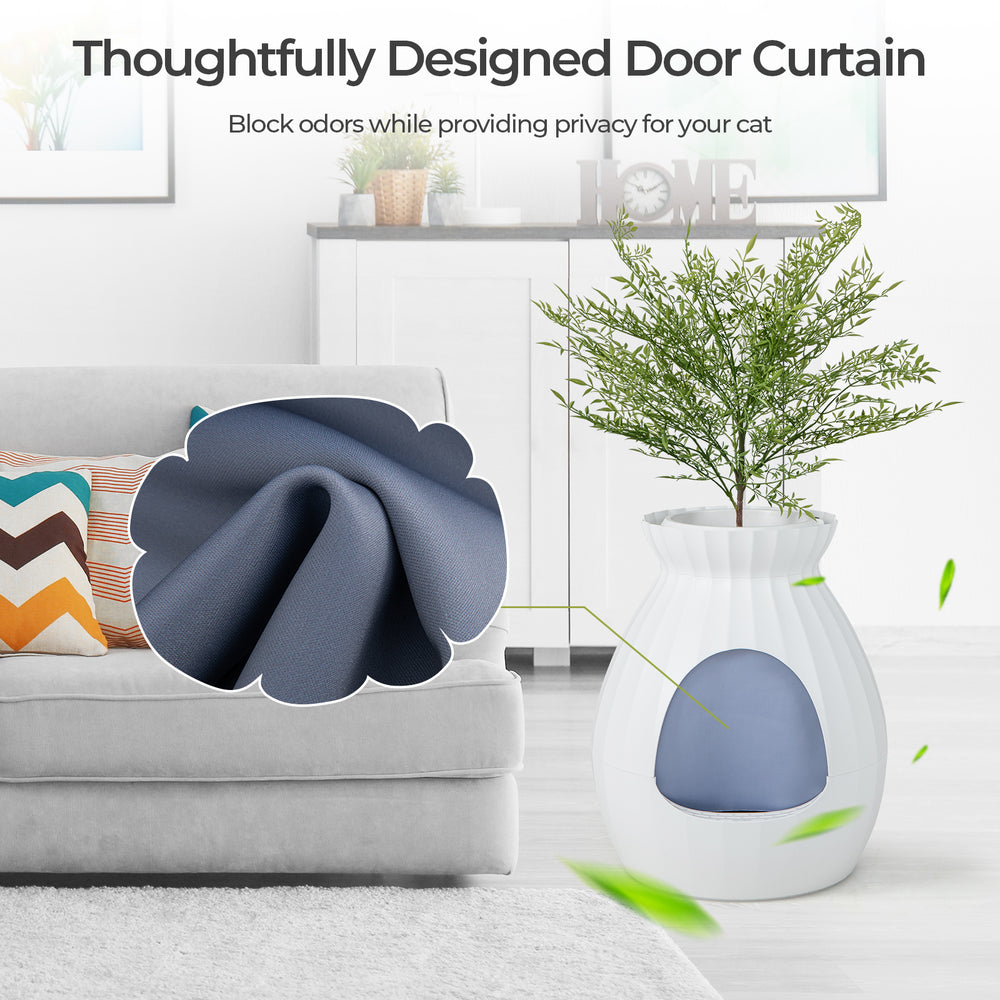 Smart Plant Cat Litter Box with electronic odor removal, featuring a detachable door curtain for privacy and odor.