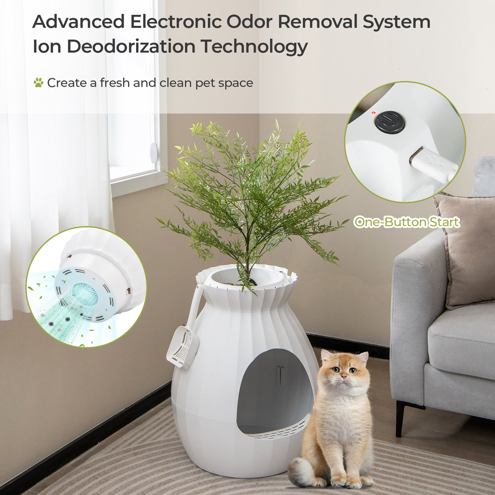 Smart Plant Cat Litter Box in white with electronic odor removal, featuring a detachable door curtain for privacy.