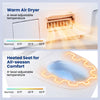 Warm air dryer and heated seat controls on a smart toilet with built-in bidet for all-season comfort and hygiene.