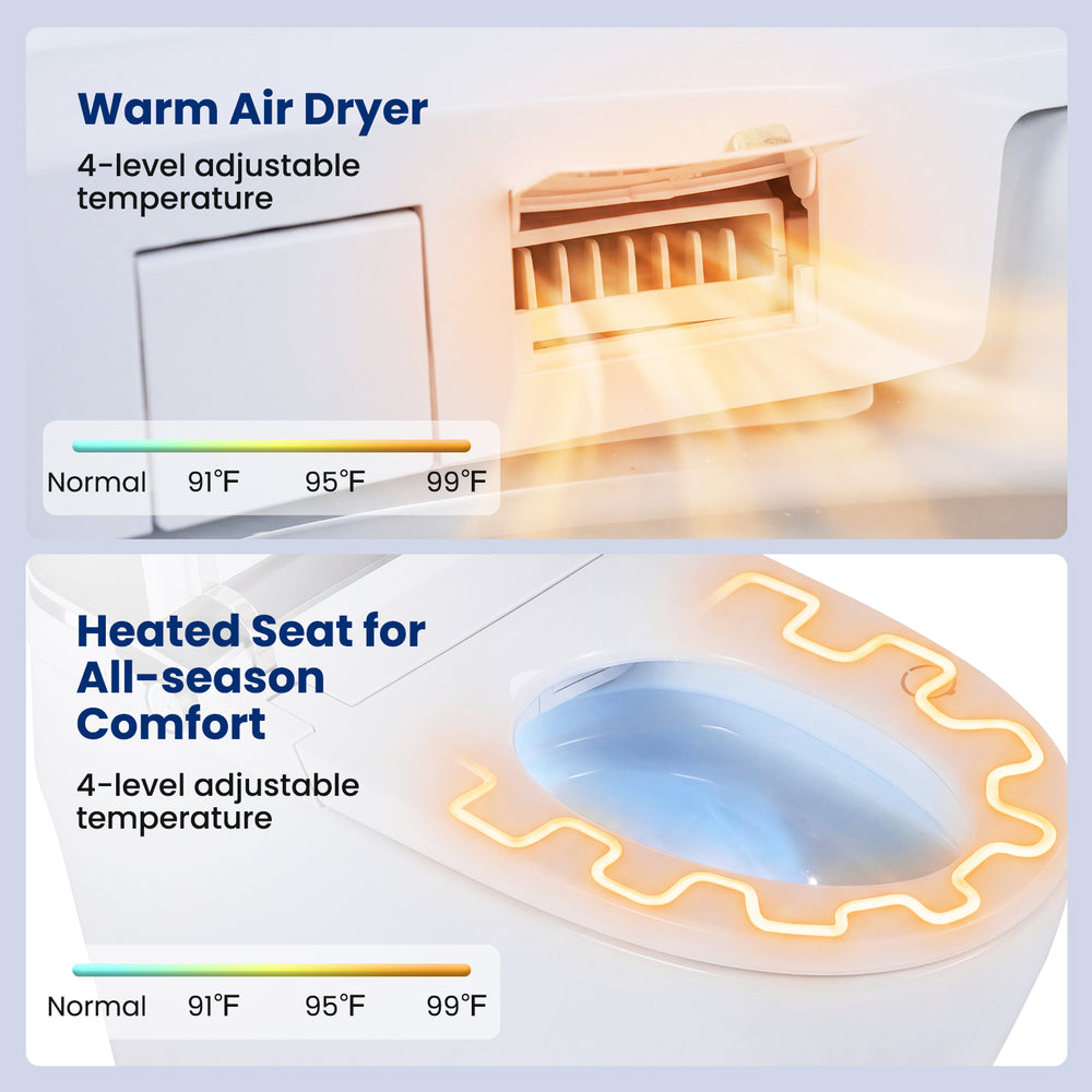 Warm air dryer and heated seat controls on a smart toilet with built-in bidet for all-season comfort and hygiene.