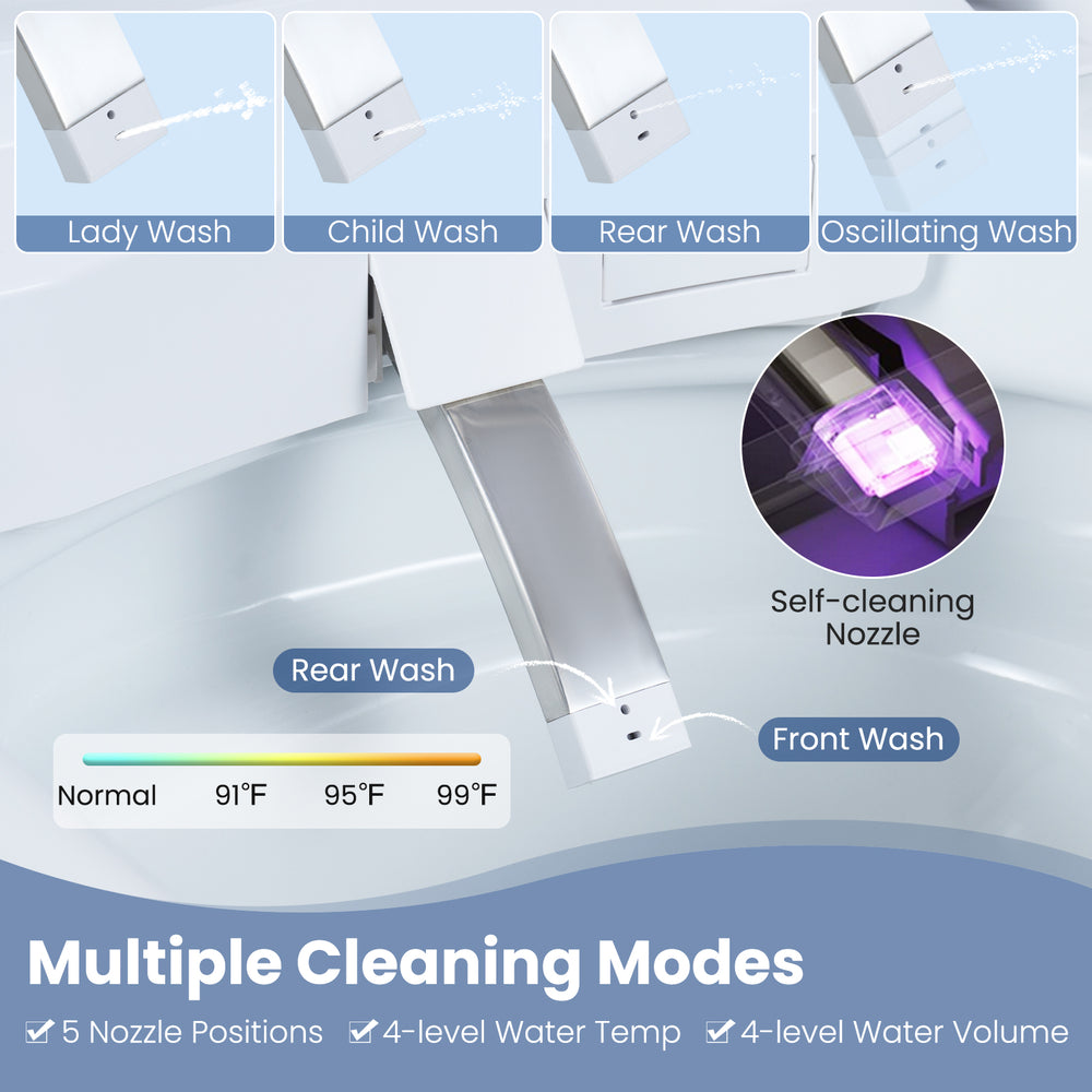 Smart toilet with built-in bidet features multiple cleaning modes and self-cleaning nozzle for enhanced hygiene.