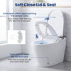 Smart toilet with heated seat and bidet features, showcasing auto open/close lid and foot kick sensor for touchless use.