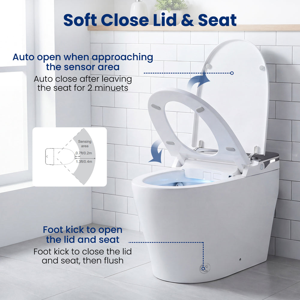 Smart toilet with heated seat and bidet features, showcasing auto open/close lid and foot kick sensor for touchless use.