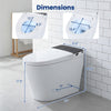 Smart toilet with built-in bidet, ADA height, auto flush, and heated seat, showcasing dimensions for installation.