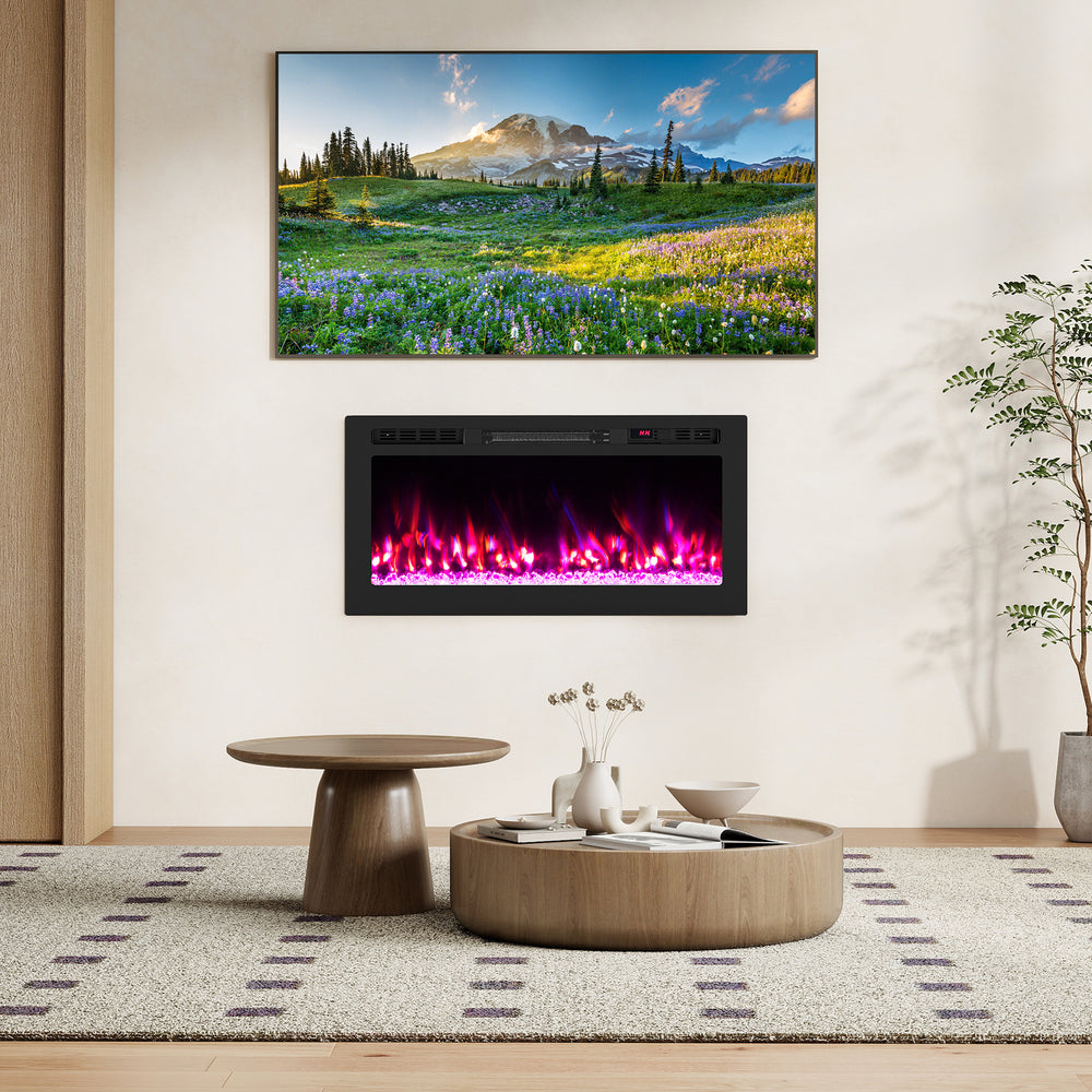 Wall-mounted Smart WiFi Electric Fireplace with 12 flame colors and 750W/1500W heating for cozy ambiance.