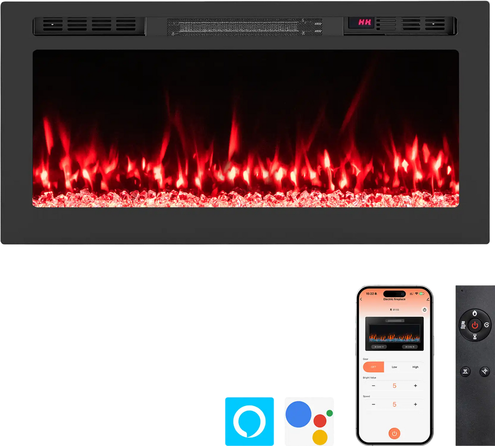 Smart WiFi electric fireplace, 36-inch wall-mounted heater with adjustable flames, remote control, and 750W/1500W.