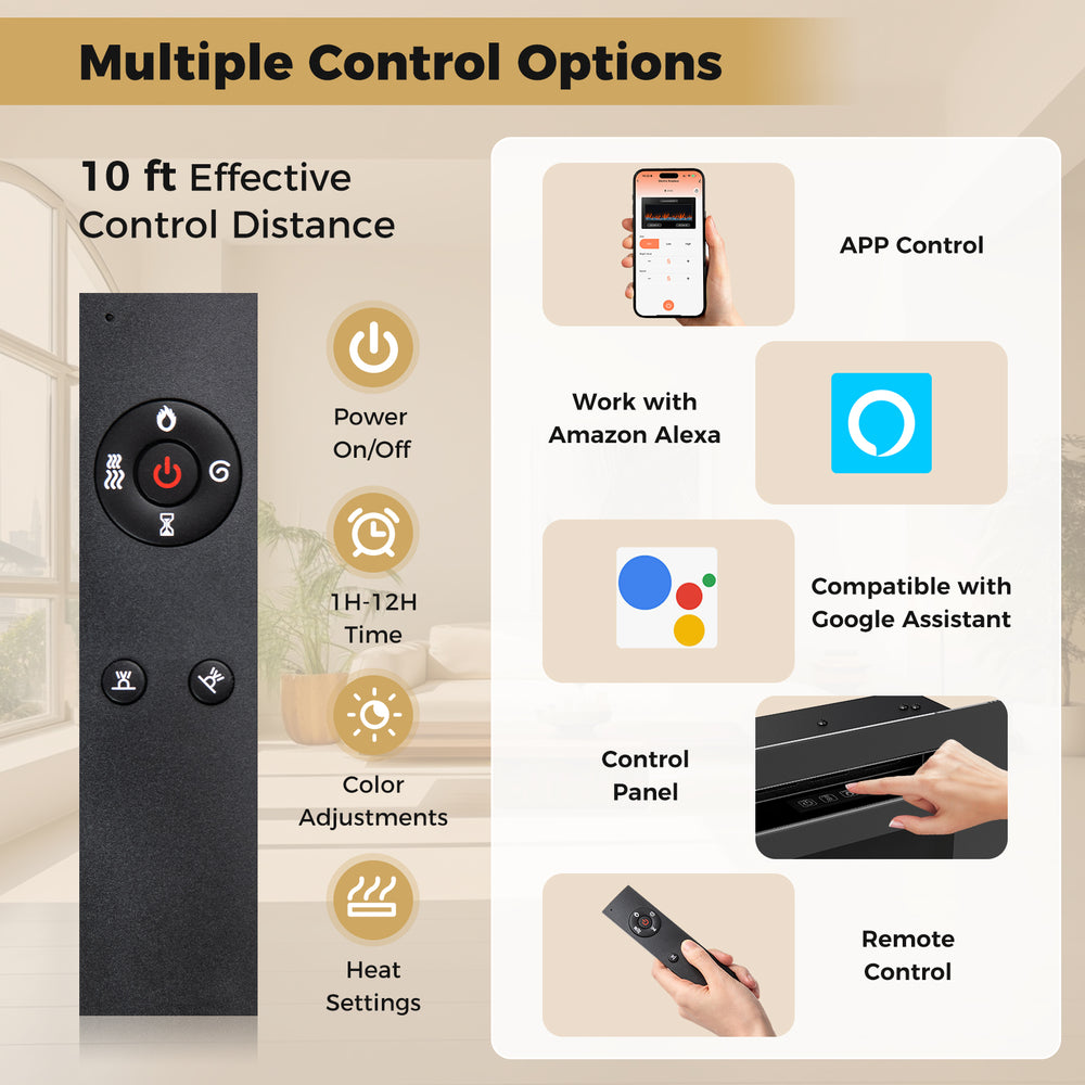 Remote control for Smart WiFi Electric Fireplace, featuring 10 ft range, timer, color adjustments, and heat settings.