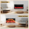 Wall-mounted electric fireplace showing flame-only and flame with heat settings, featuring 12 color adjustments.