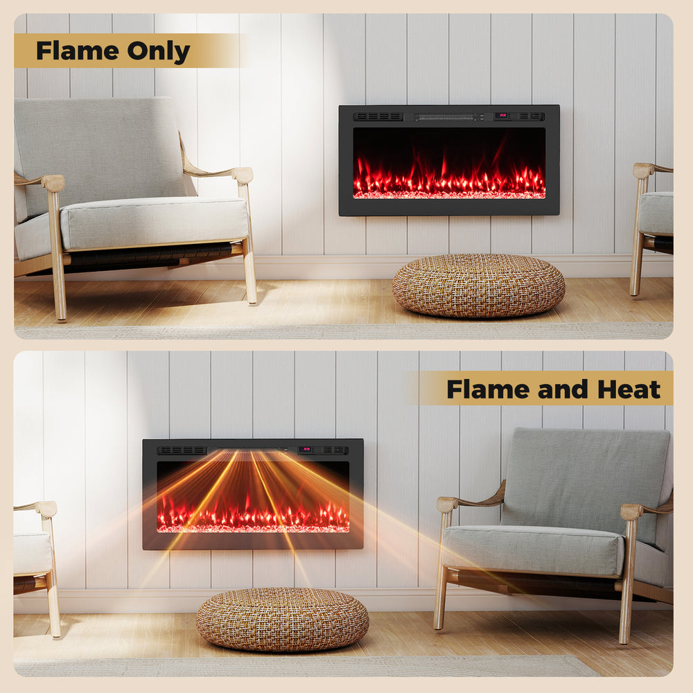 Wall-mounted electric fireplace showing flame-only and flame with heat settings, featuring 12 color adjustments.