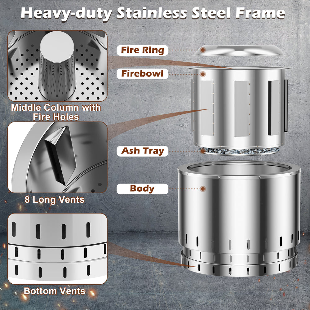 Smokeless stainless steel fire pit featuring a heavy-duty frame, ash pan, and multiple vents for efficient burning.