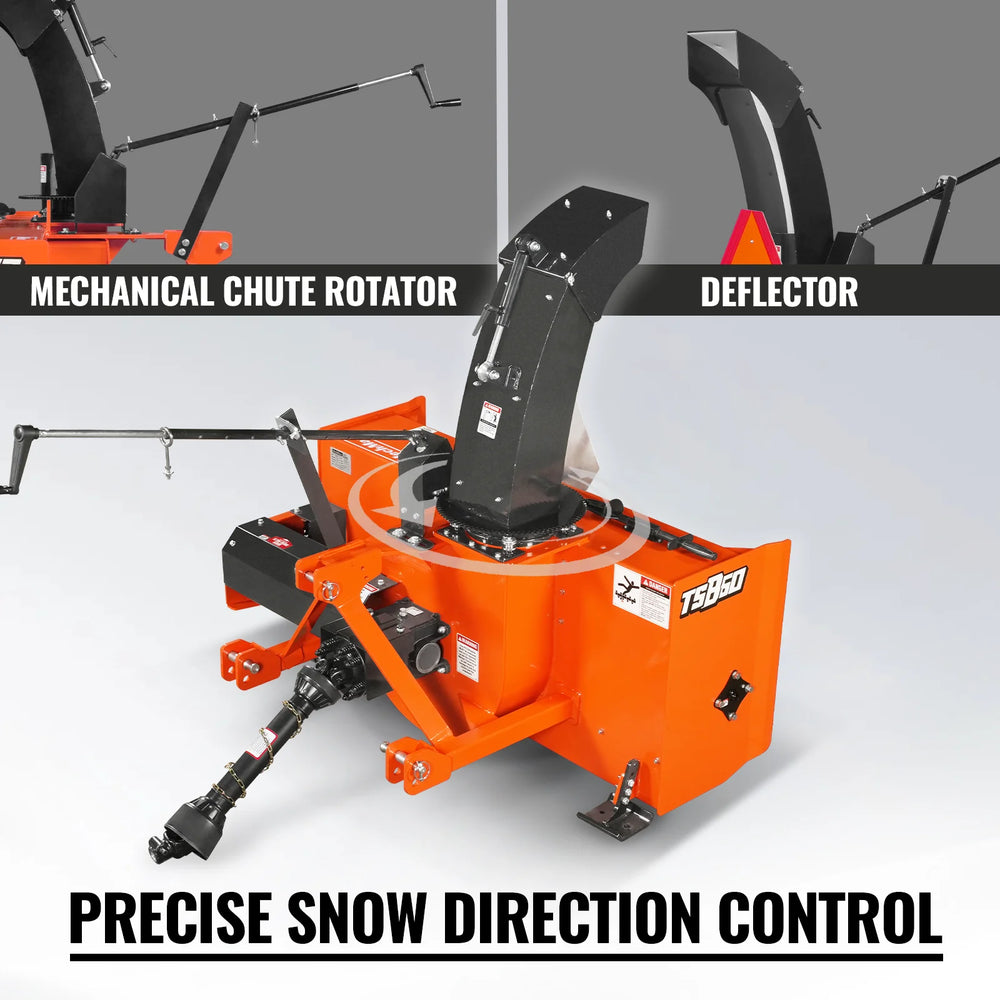 60" 3 Point PTO Snow Blower 24" Impeller Diameter 360° Snow Chute (PTO Shaft Included with Slip Clutch),  25-65 HP,  TSB60T