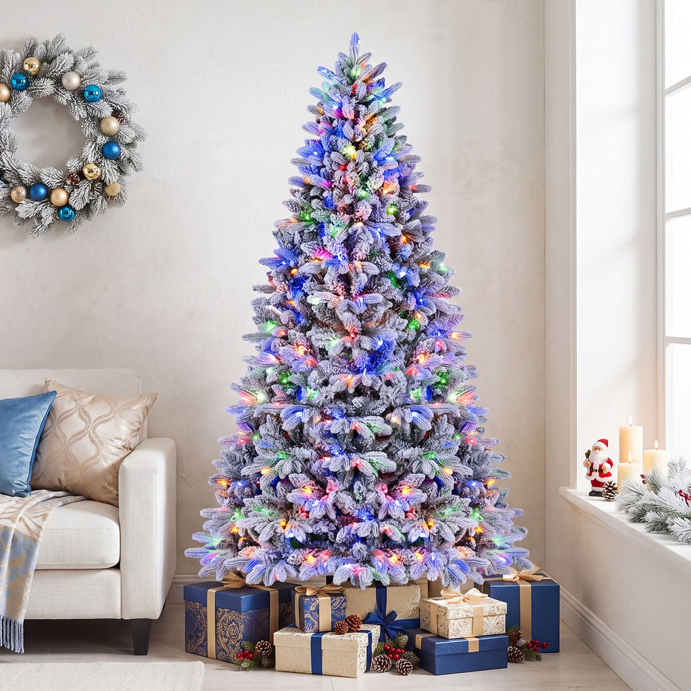 Snow-Flocked Half Christmas Tree with Branch Tips Warm White and Multi-Color LED Lights-7FT - Gallery View 1 of 11