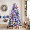 Snow-flocked half Christmas tree with vibrant multi-color lights and 860 branch tips, ideal for compact holiday spaces.
