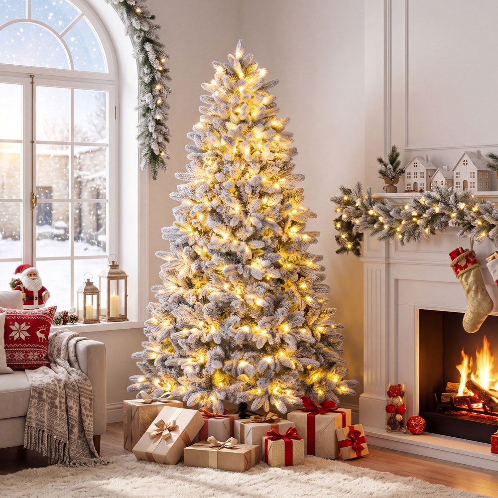 Snow-flocked half Christmas tree with 610 branch tips and warm white LED lights, perfect for small spaces and festive decor.