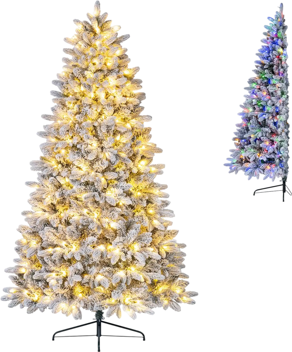 Snow-flocked half Christmas tree featuring 860 lush branch tips and a convenient folding metal stand for easy storage.