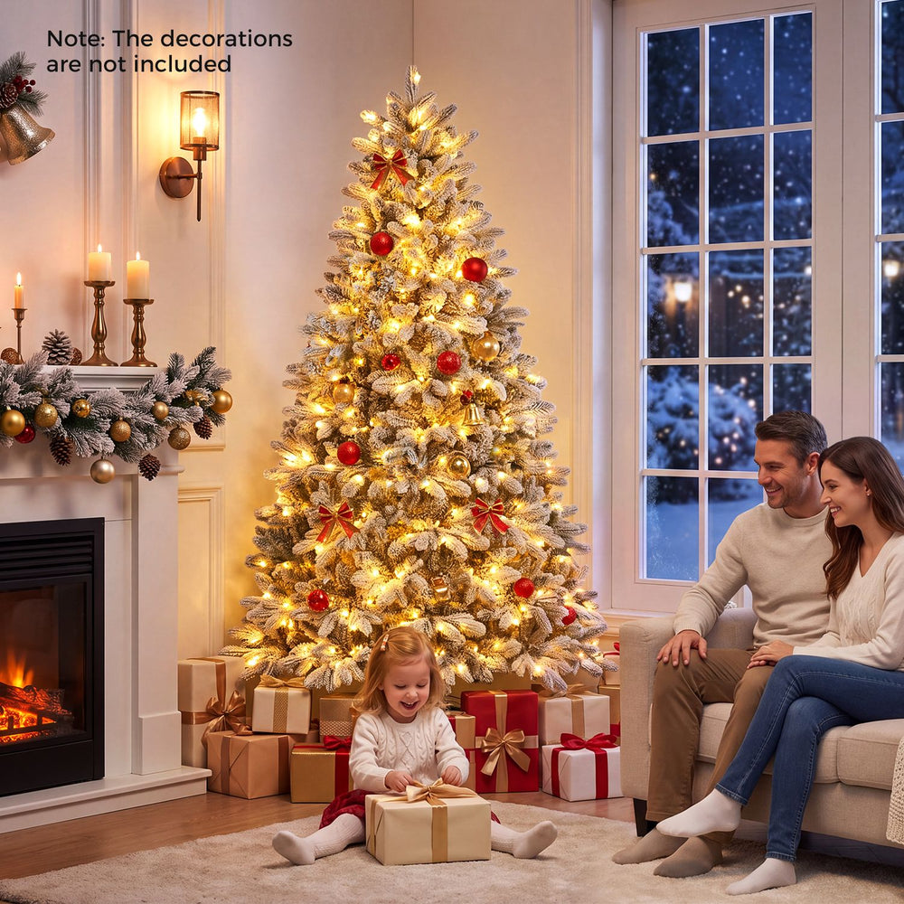 Snow-flocked half Christmas tree with warm white and multi-color LED lights, perfect for narrow corners and small spaces.