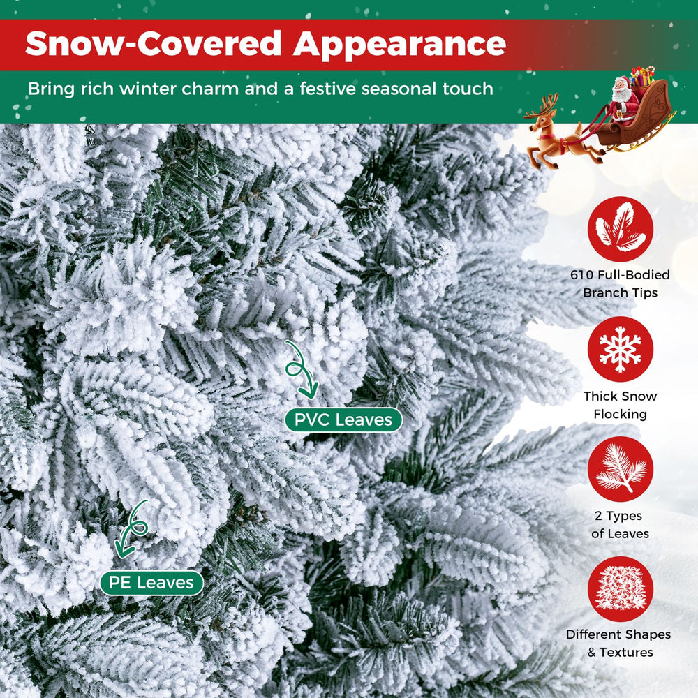 Close-up of snow-flocked branches featuring blended PE and PVC leaves, showcasing rich textures for a winter aesthetic.