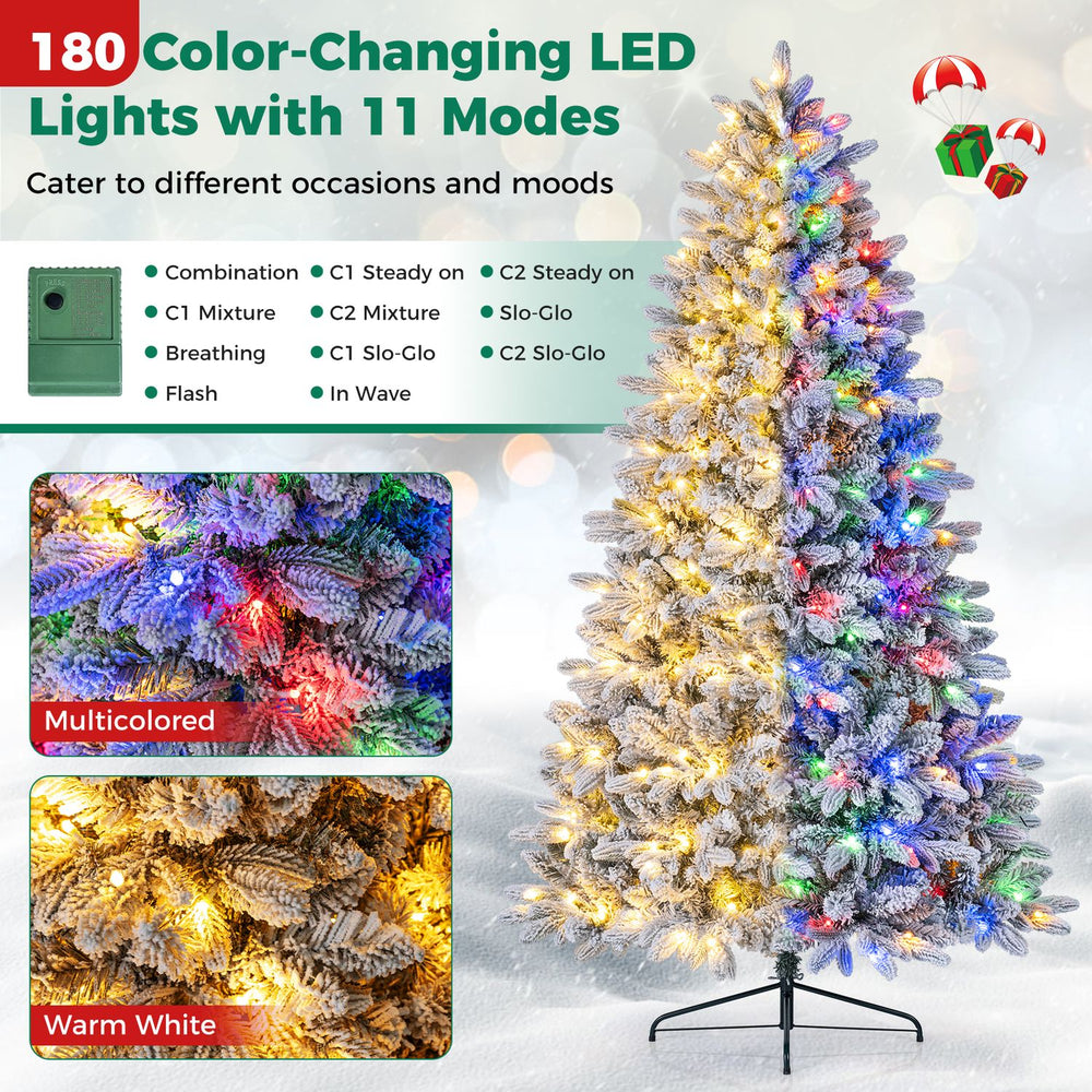 Snow-flocked half Christmas tree with 180 color-changing LED lights in warm white and multicolor for festive decor.