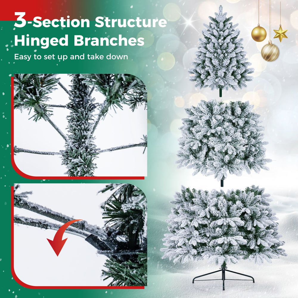 Snow-flocked half Christmas tree with 610 branch tips and 240 LED lights, perfect for compact spaces and festive decor.