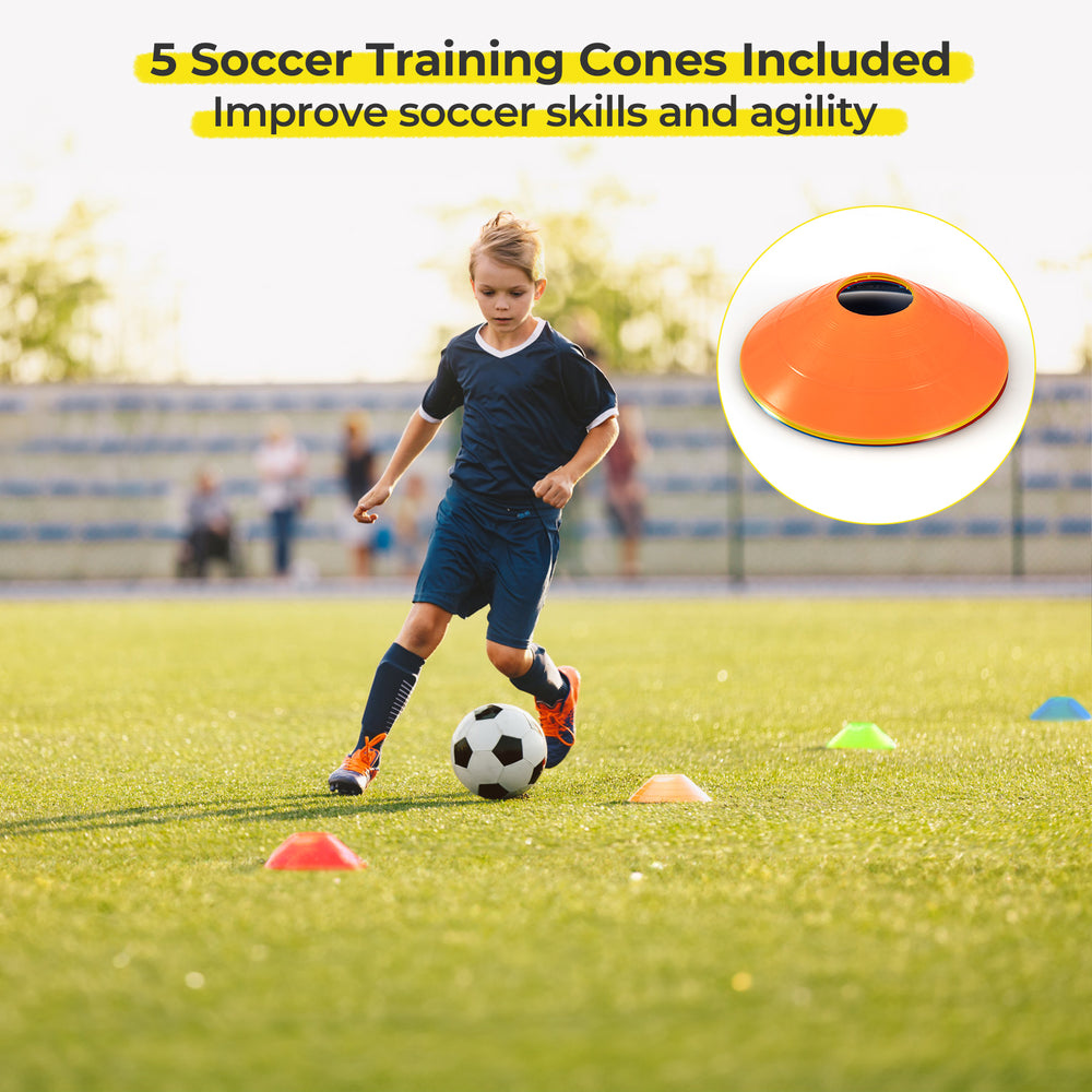 8' x 6' weather-resistant soccer goal with ground stakes and 5 agility training cones for backyard play and skill.