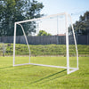 8' x 6' soccer goal made of weather-resistant UPVC pipes with ground stakes, ideal for backyard and park play.
