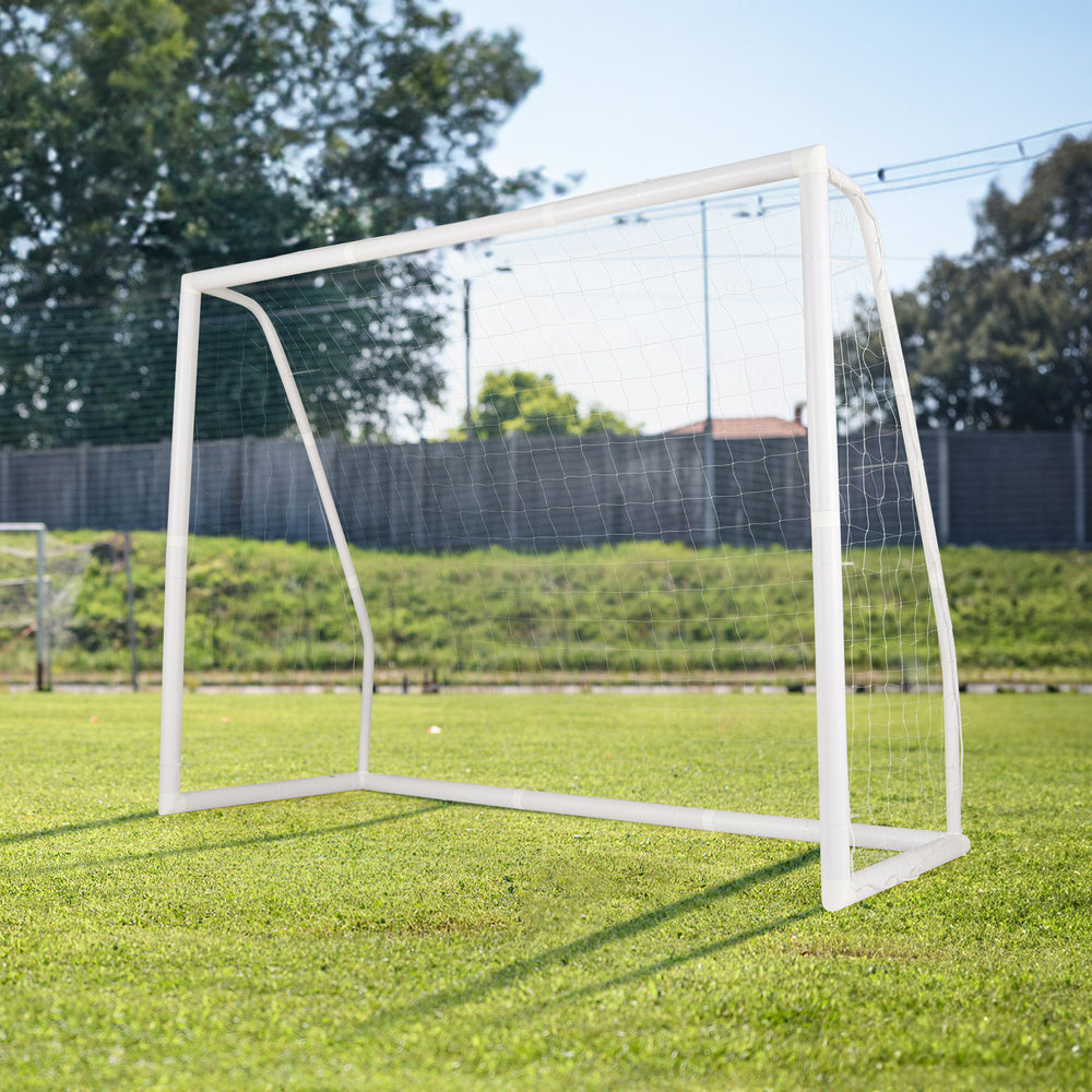 8' x 6' soccer goal made of weather-resistant UPVC pipes with ground stakes, ideal for backyard and park play.