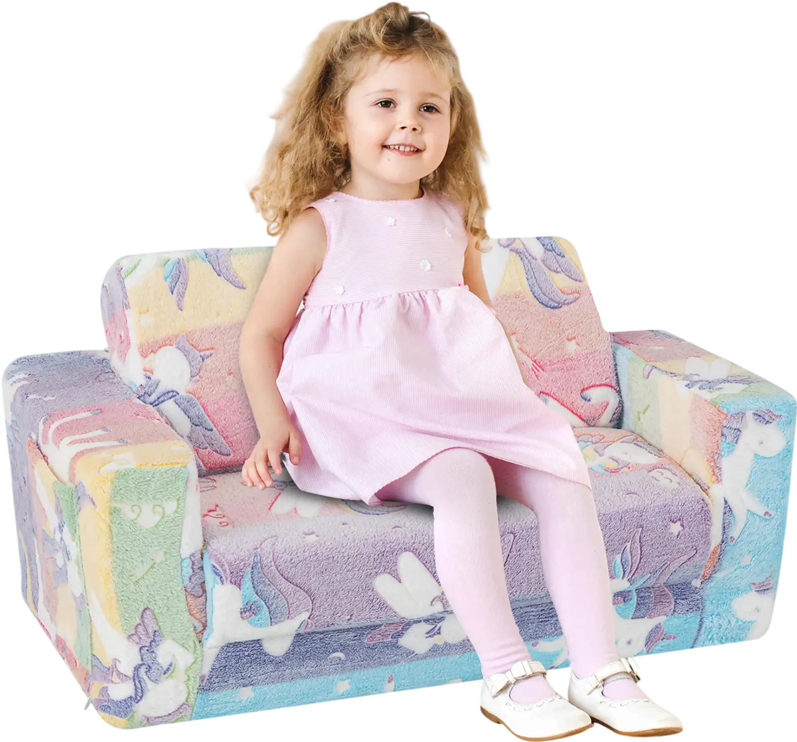 Costway 2-in-1 Flip Out Kids Sofa Chair w/ Detachable Flannel Cover Glowing Patterns 21348967 New