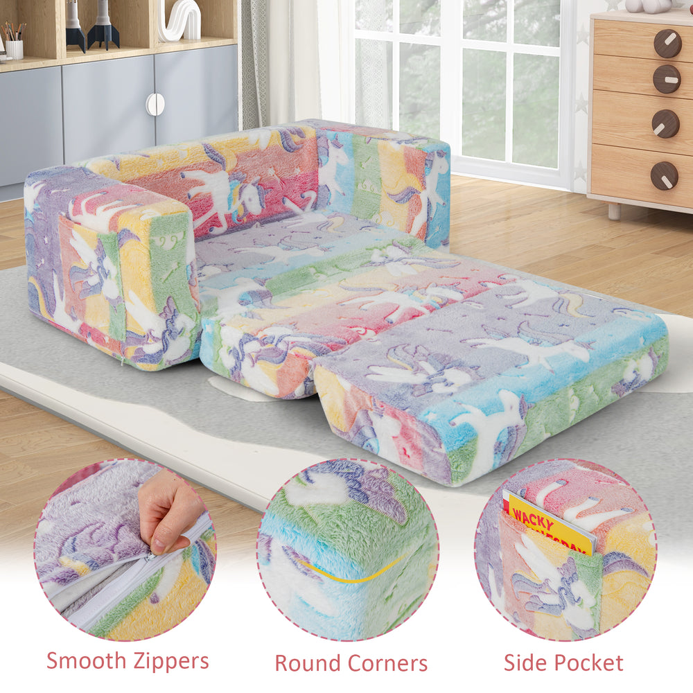 Colorful 2-in-1 flip out kids sofa chair with flannel cover, round corners, and side pocket for toys, ideal for.