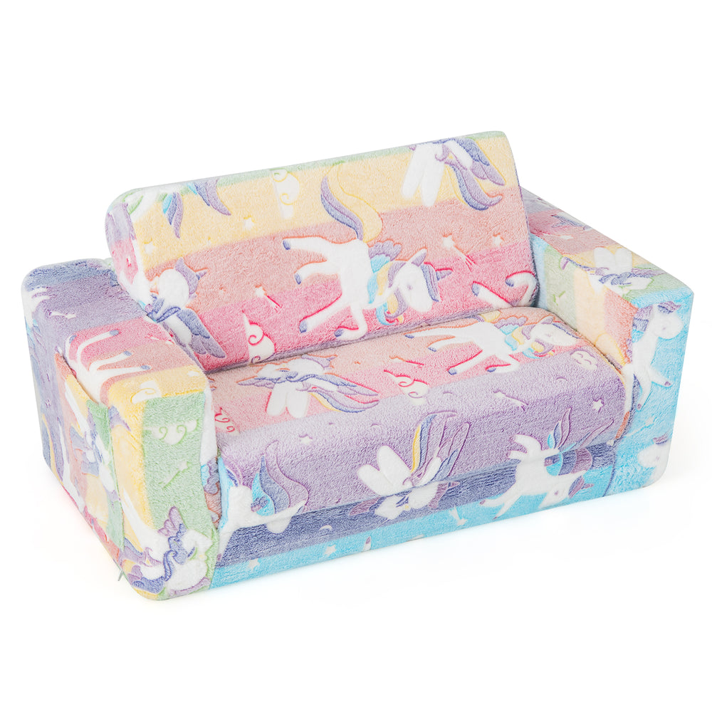 Colorful 2-in-1 flip-out kids sofa chair with flannel cover, ideal for playrooms and bedrooms, featuring glowing.