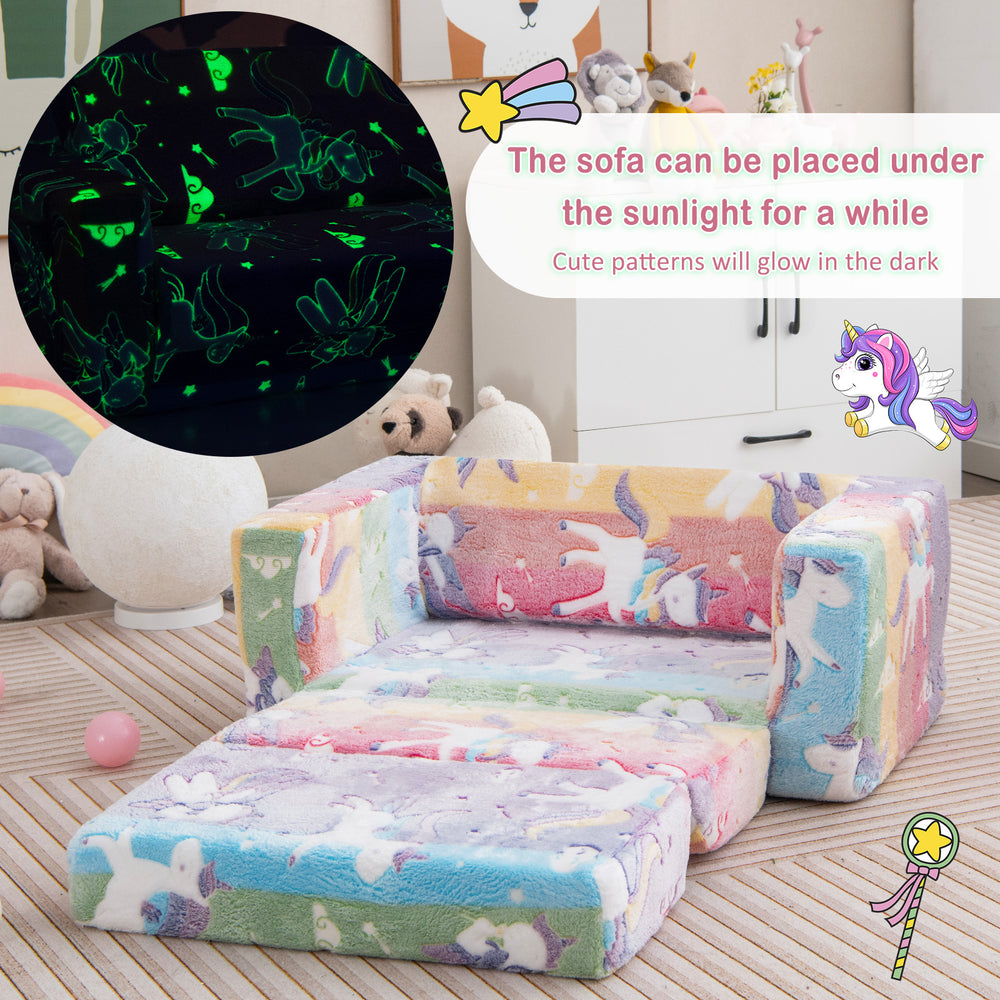 Colorful 2-in-1 flip-out kids sofa chair with glowing patterns, flannel fabric cover, ideal for playrooms and bedrooms.