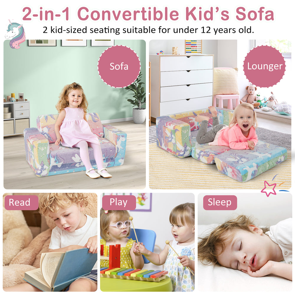 Convertible 2-in-1 kids sofa chair in colorful flannel fabric, perfect for lounging, reading, or playing in any room.