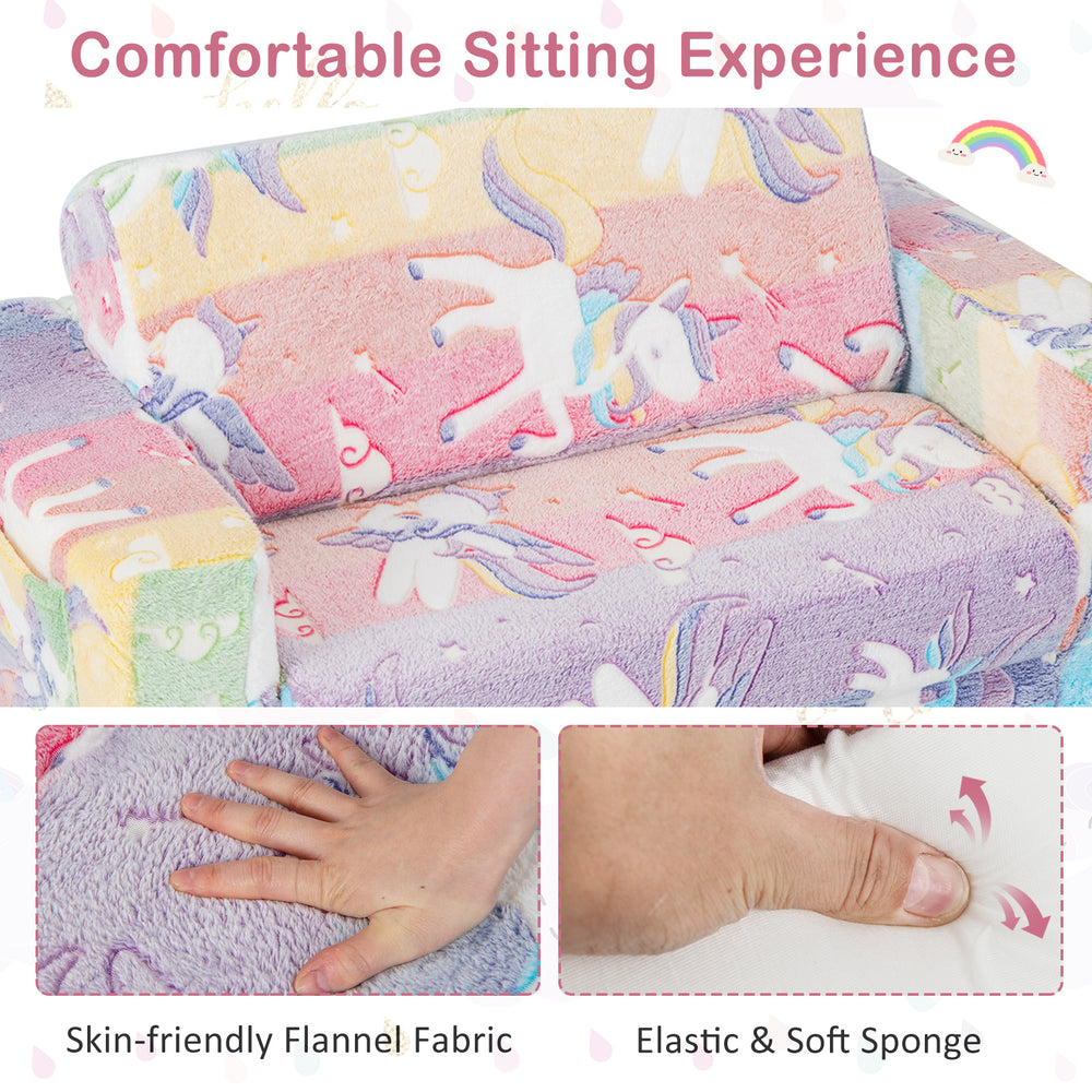 Colorful 2-in-1 flip out kids sofa chair with skin-friendly flannel fabric, ideal for playrooms and bedrooms.