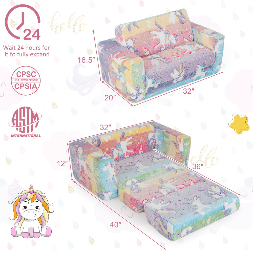 Colorful 2-in-1 flip-out kids sofa chair with flannel cover, ideal for playrooms or bedrooms, featuring glowing.