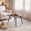 Rustic brown sofa side table with metal legs, featuring a spacious tabletop and hidden storage, perfect for living room use.