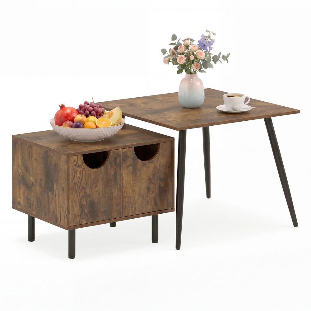 Rustic brown nesting coffee tables with metal legs featuring spacious tops and hidden storage, perfect for living room use.