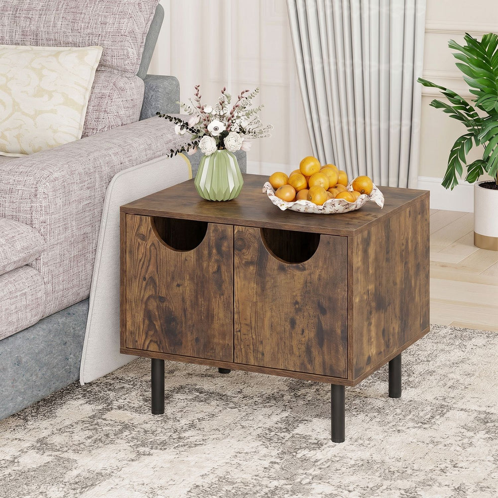 Rustic brown sofa side table with metal legs features a spacious tabletop and hidden storage, perfect for living room organization.