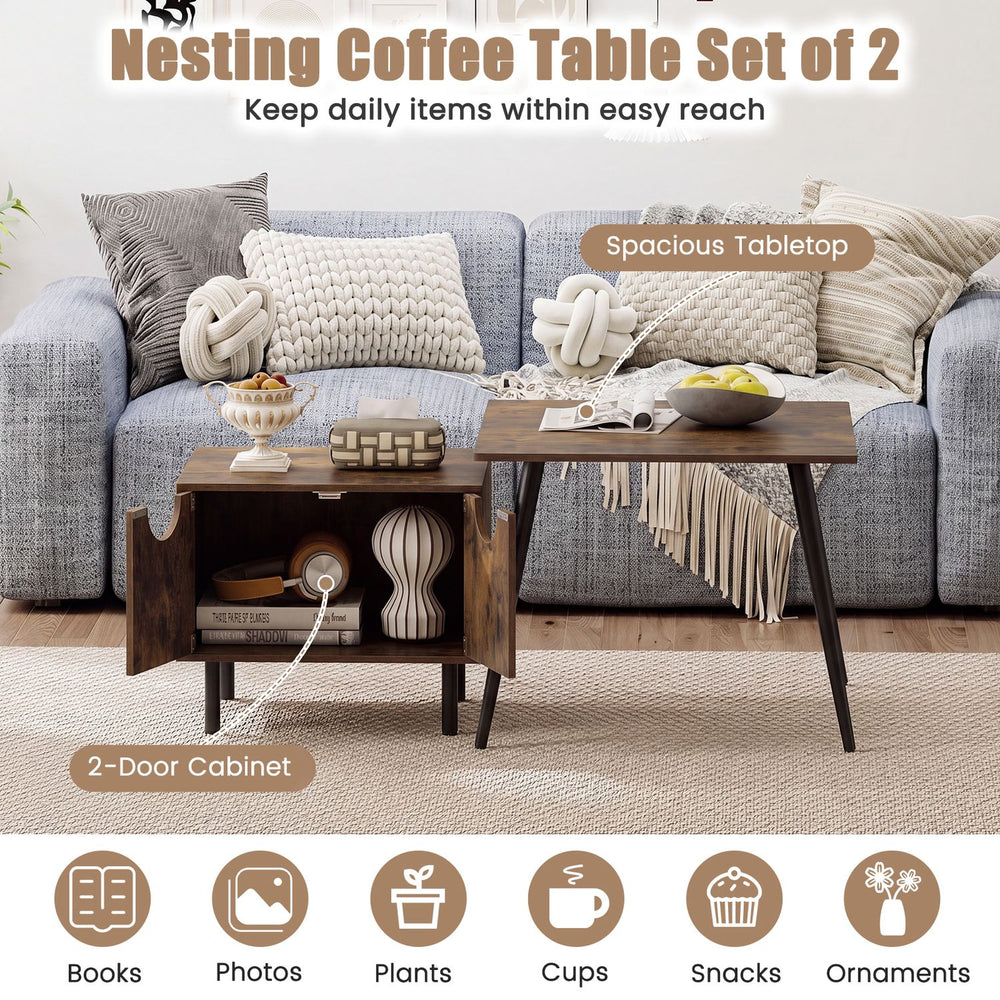 Nesting coffee table set of 2 in rustic brown with spacious tabletop and 2-door cabinet for living room organization.