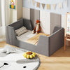 Gray soft velvet toddler bed frame with safety rails and wooden slats, designed for comfort and stability in a child's.