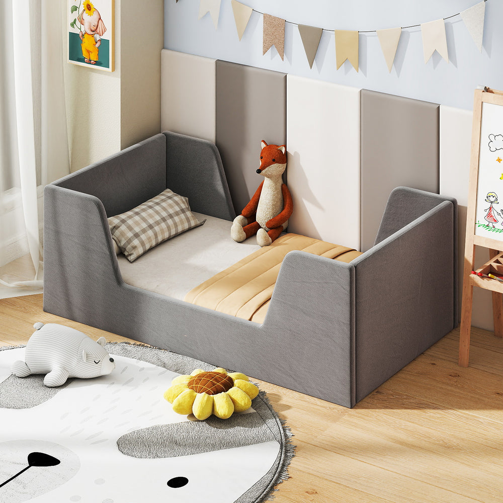 Soft Velvet Fabric Toddler Bed Frame with Safety Rails-Gray - Gallery View 1 of 10
